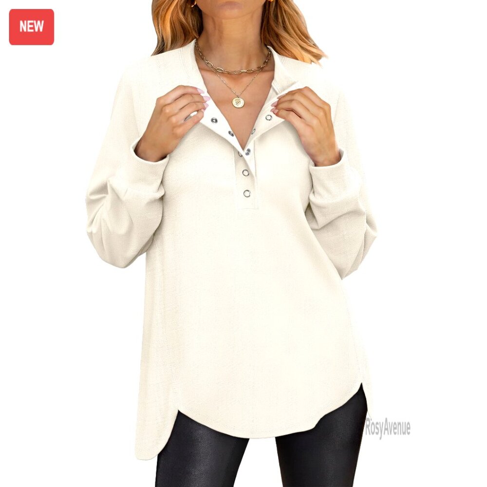 Long Sleeve Henley Tunic Sweatshirt Loose Fit Polyester Blend Casual Pullover